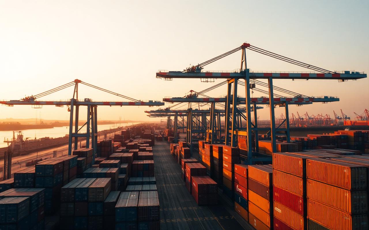 Container port at golden hour